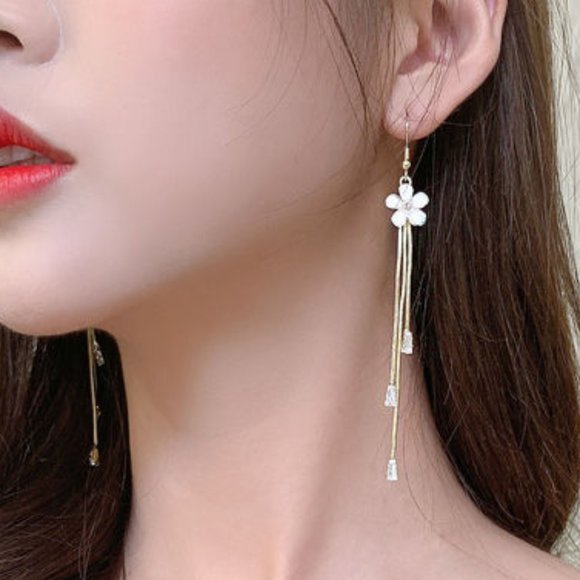 Dangle Earrings with Flower Design S925 Silver Posts - Picture 2 of 2